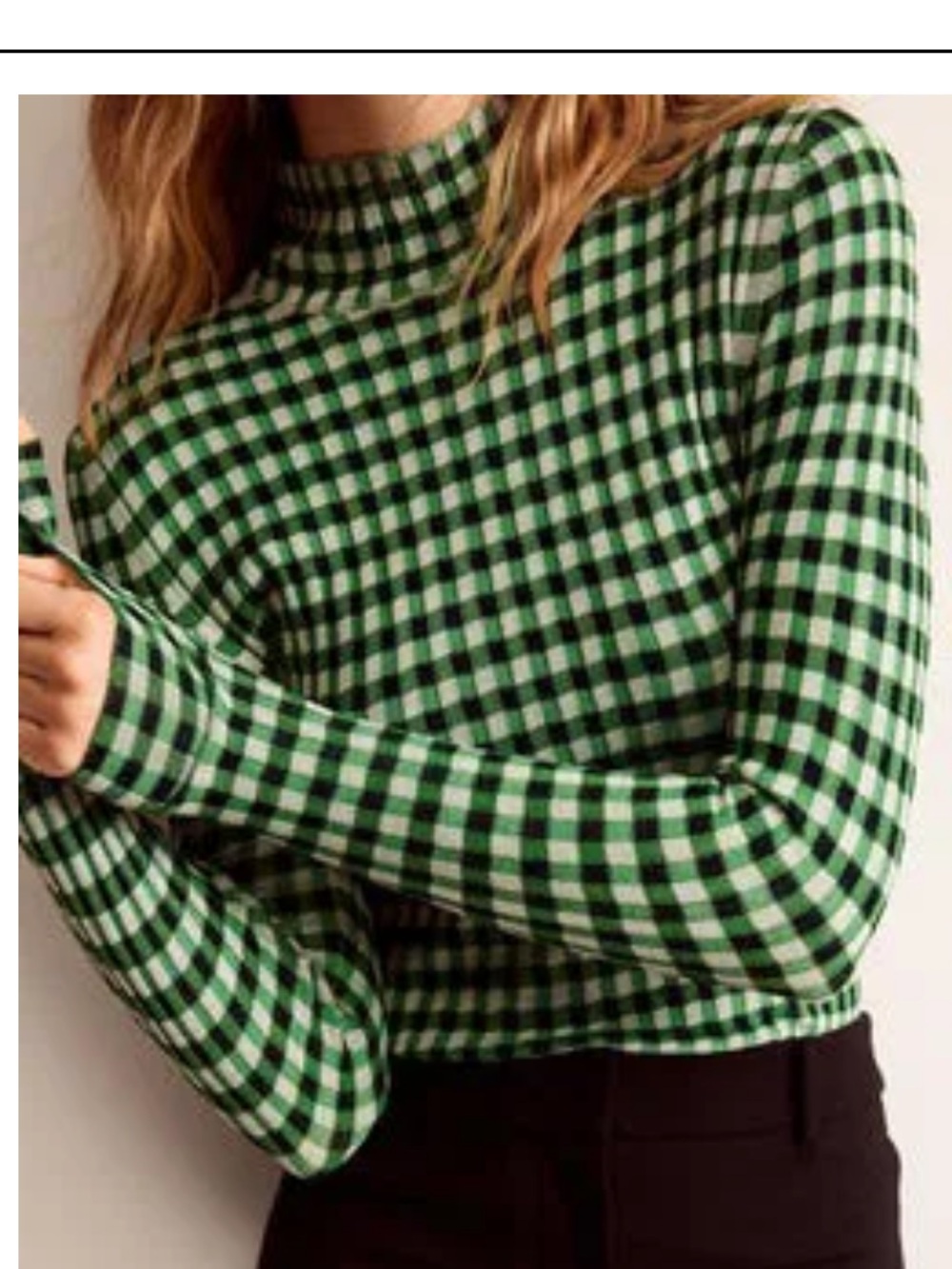 Boden Green and White Gingham Long-Sleeve Top